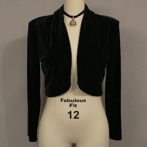 Vintage Bolero Black Stretch Velvet 90s w Shoulder Pads USA Made Crop Jacket s12